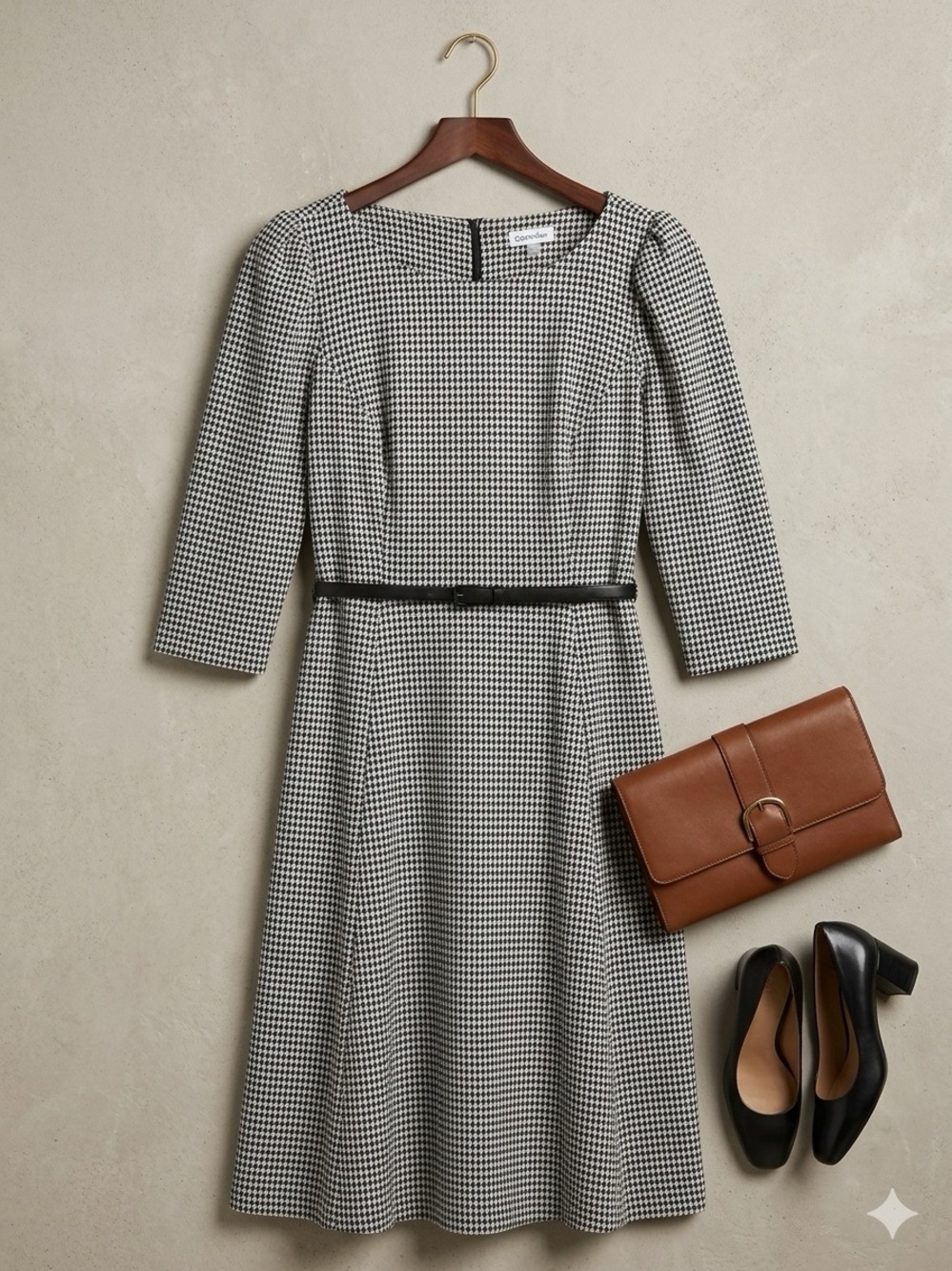 Calvin Klein Black and White Houndstooth A-Line Long Sleeve Dress